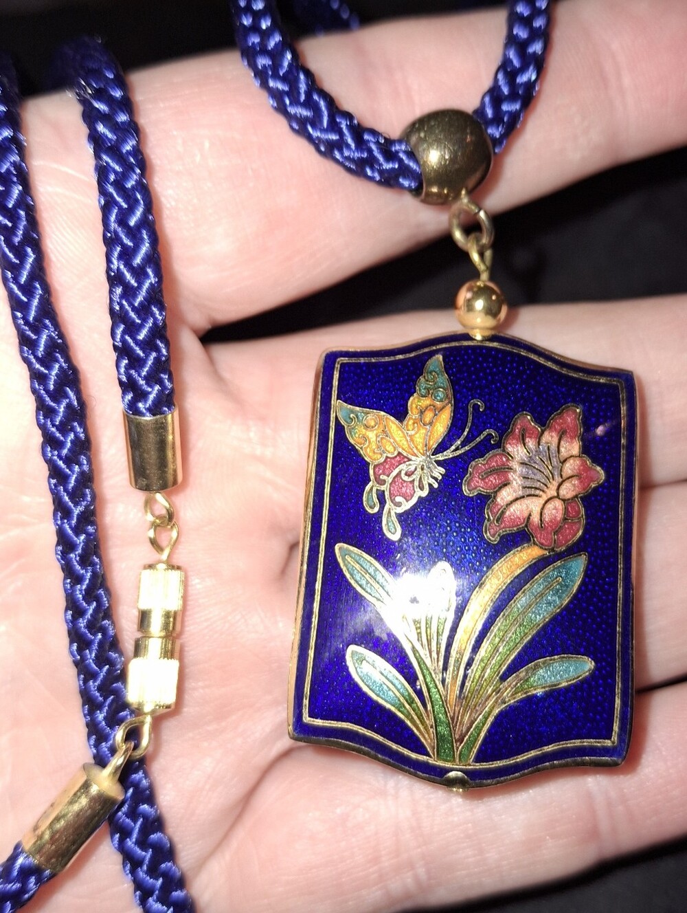 Vintage 70s Blue Butterfly &Flower Pendant Rope Necklace Cloisonne Style Jewelry